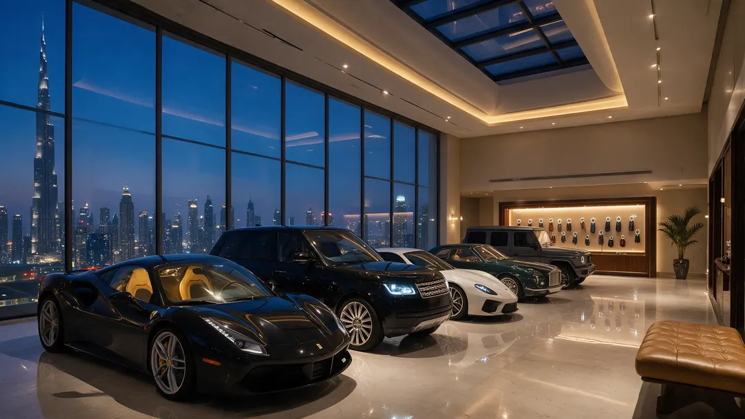 Example car gallery at blue hour: a black Ferrari leading a line of luxury cars, headlights on.