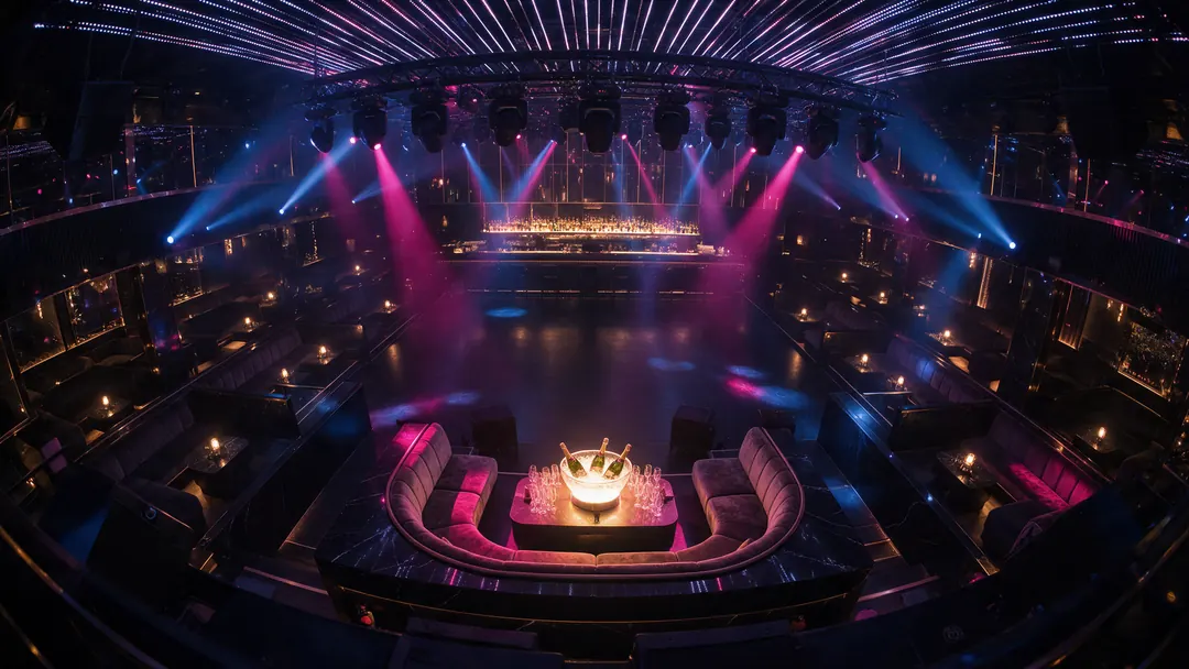 Example nightclub before the doors open, the VIP table lit with bottles on ice.