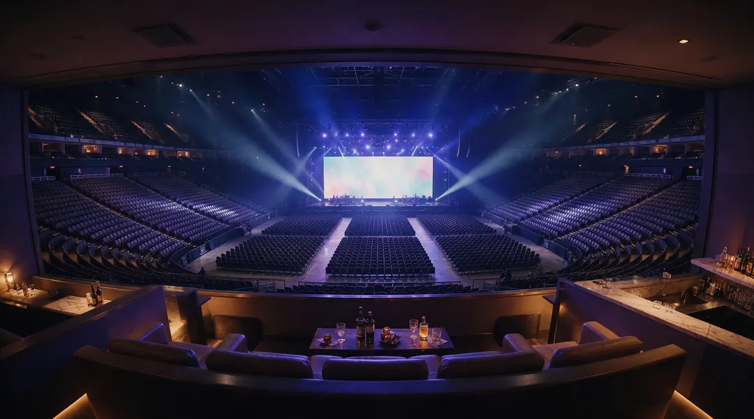 Example VIP box overlooking a vast arena, the stage lights fading up.