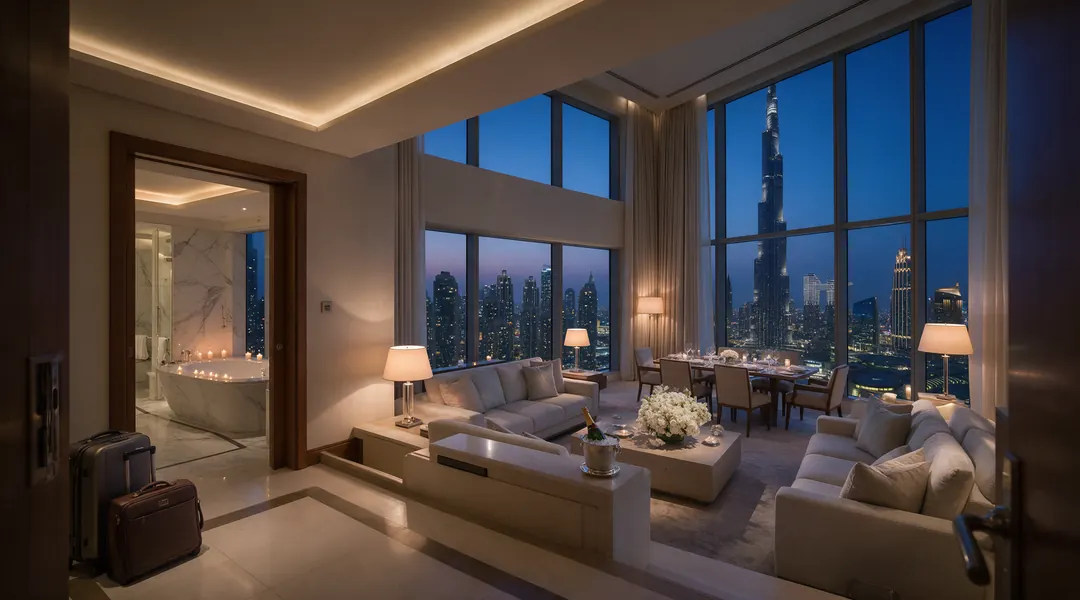 Example hotel suite at blue hour, lamps and bath candles lit, the skyline beyond the windows.