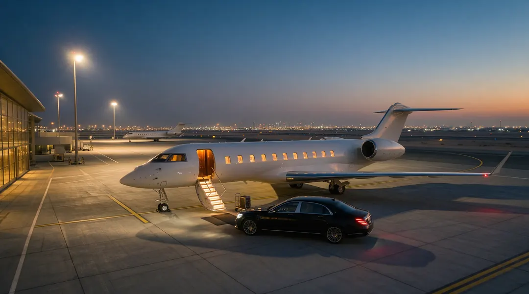 Example arrival: a private jet on the apron at dusk, cabin lit, a car waiting at the airstair.