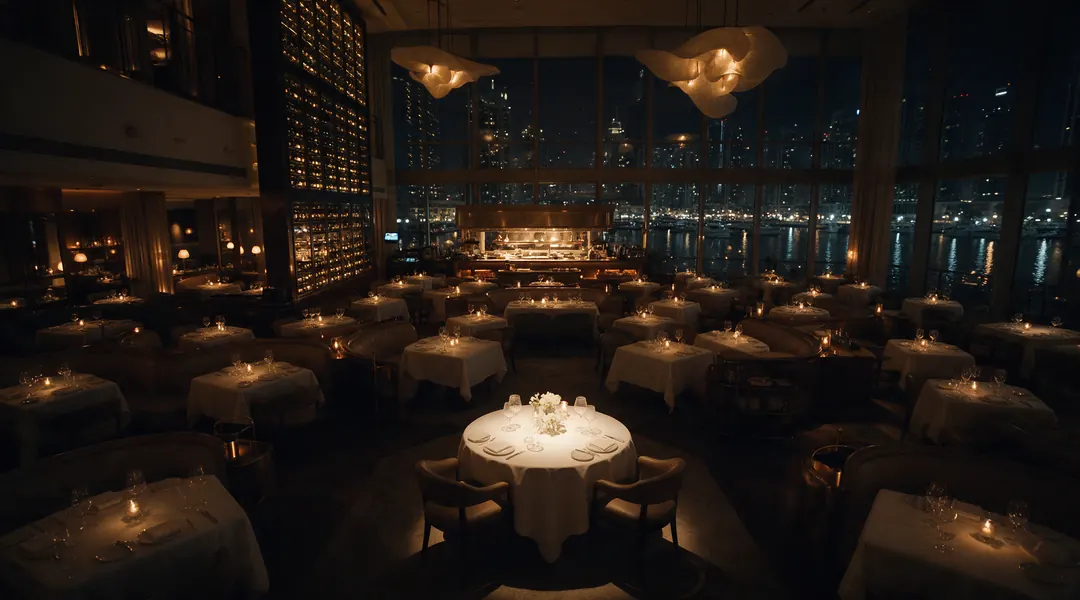 Example restaurant before service, one table by the window set with candles under a pool of light.