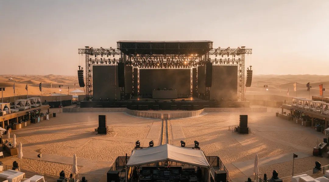 Example desert festival main stage, seen from the front-of-house tower before the gates open. Lighting: Golden hour.