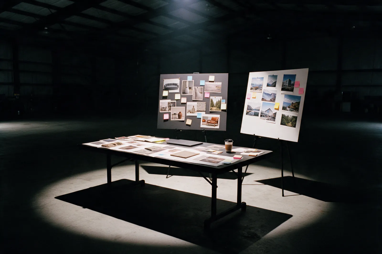 A worktable covered in mood boards and campaign plans under a spotlight.