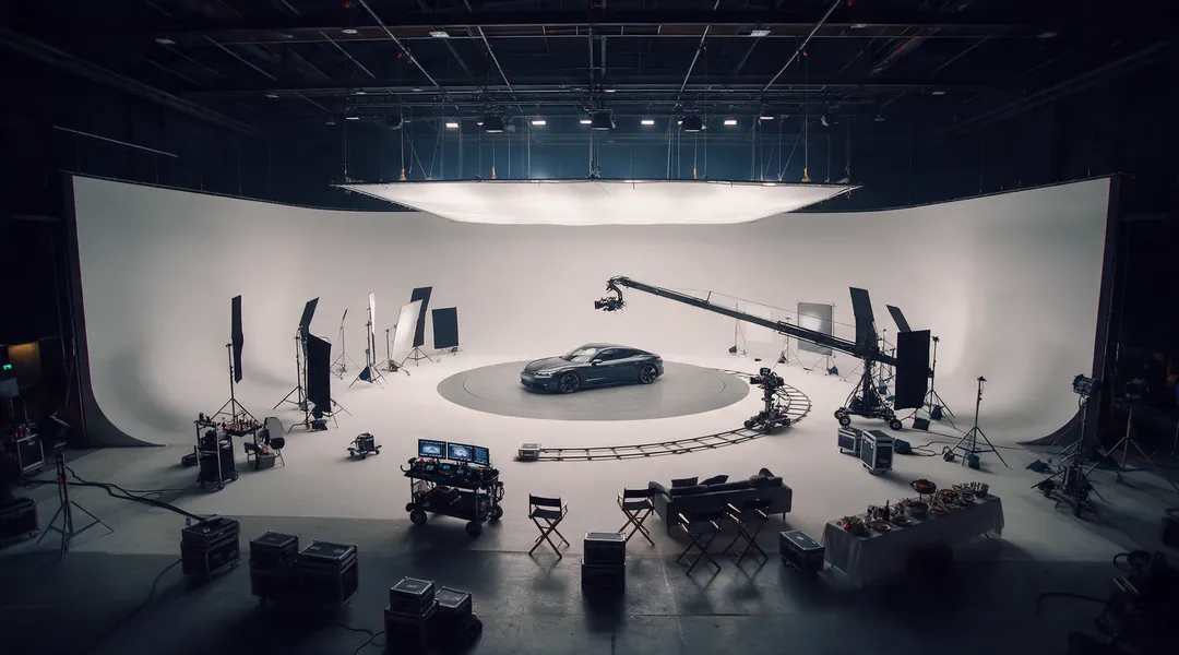 Example car commercial set on a studio stage, seen from the lighting gantry before the first take.